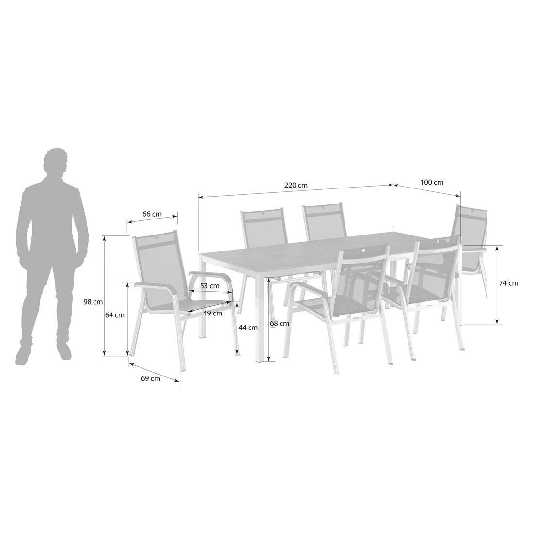 Hagemøbelsett Basic Plus 6 plasser aluminium 220x100 cm montert på terrasse