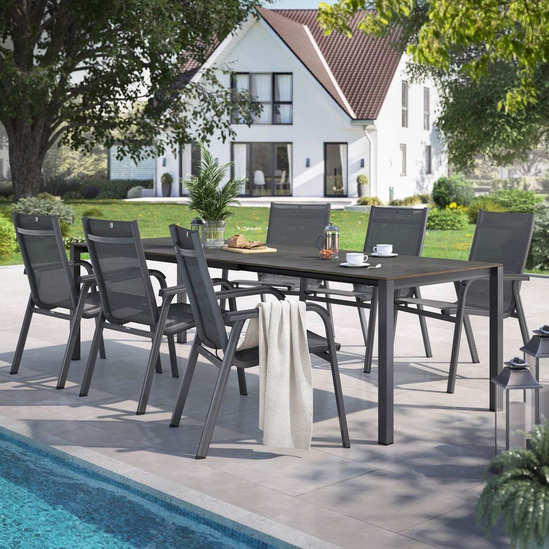 Hagemøbelsett Basic Plus 6 plasser, aluminium HPL bakside