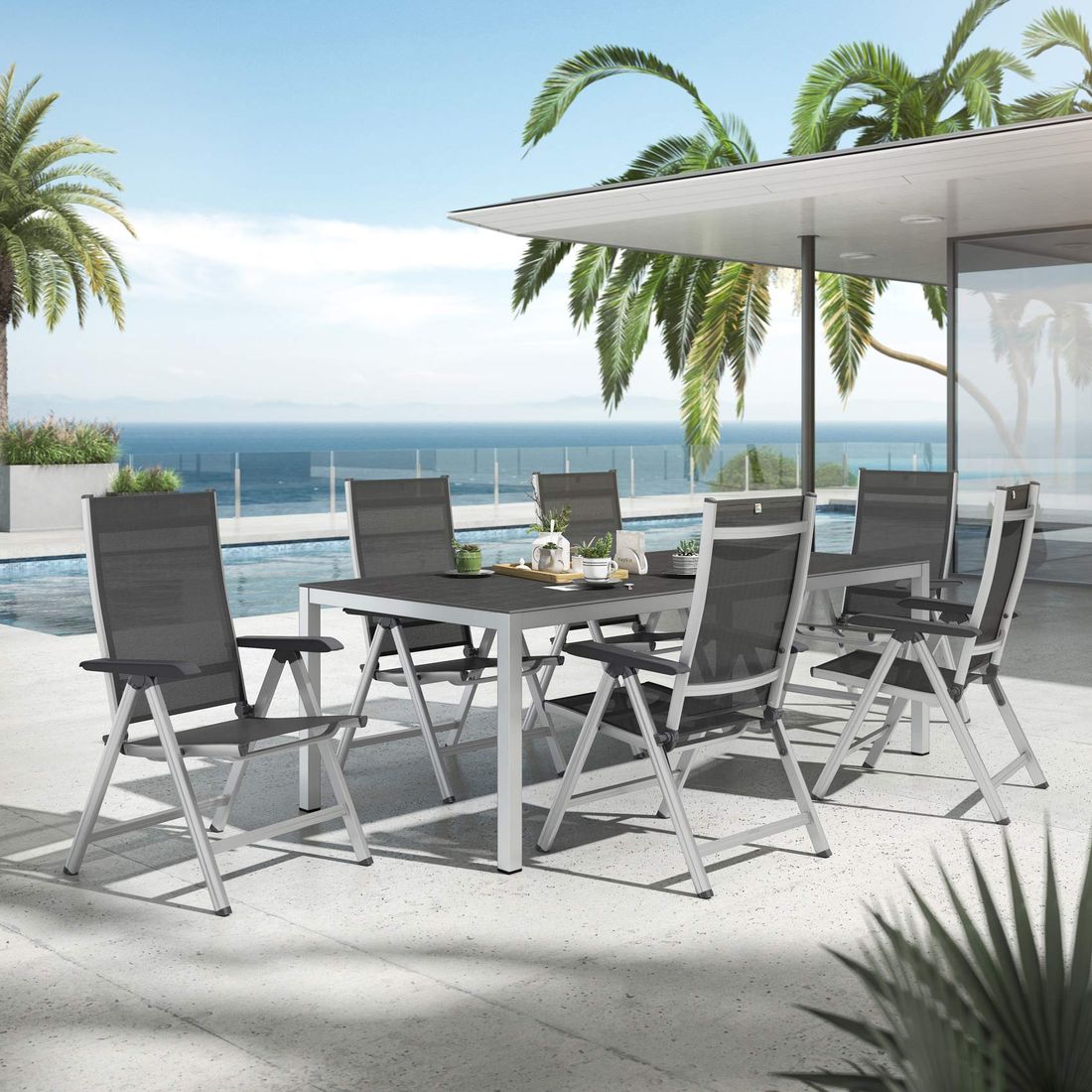 Hagemøbelsett Basic Plus 6 plasser, aluminium keramikk bakside