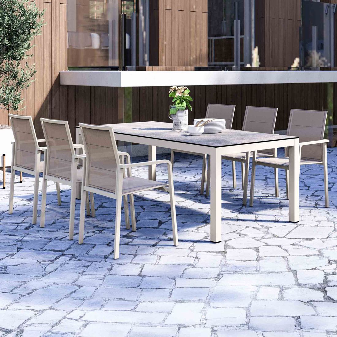 Hagemøbelsett Bee 6 plasser aluminium HPL 180x100 cm forfra