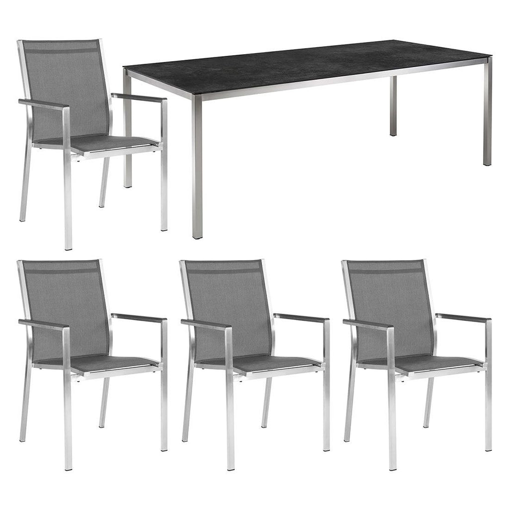 Hagemøbelsett Cardiff 4 plasser rustfritt stål keramikk 140x80 cm forfra