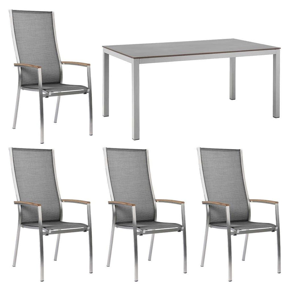Hagemøbelsett Cardiff 4 plasser rustfritt stål HPL 160x90 cm forfra