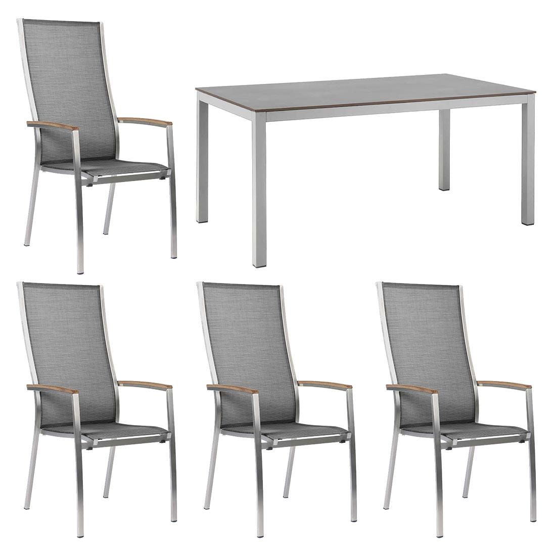 Hagemøbelsett Cardiff 4 plasser rustfritt stål HPL 160x90 cm forfra