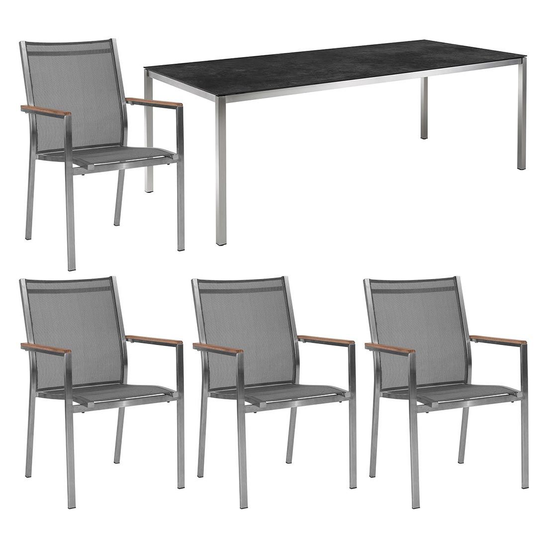 Hagemøbelsett Cardiff 4 plasser rustfritt stål keramikk 140x80 cm forfra