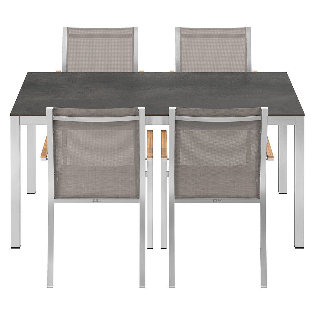 Montert Hagemøbelsett Cardiff 4 plasser taupe textilen HPL 160x90 cm på terrasse