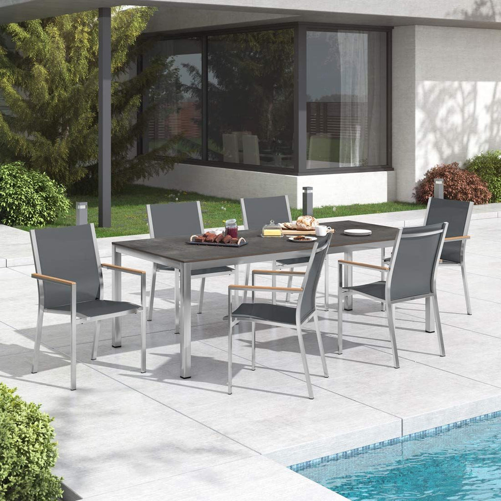 Hagemøbelsett Cardiff 6 plasser rustfritt stål HPL 220x100 cm forfra