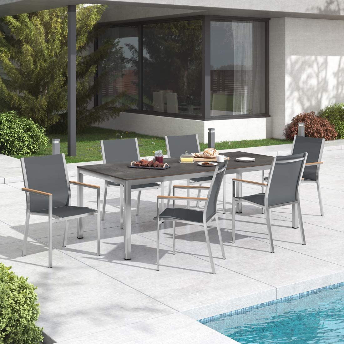 Hagemøbelsett Cardiff 6 plasser rustfritt stål HPL 220x100 cm forfra