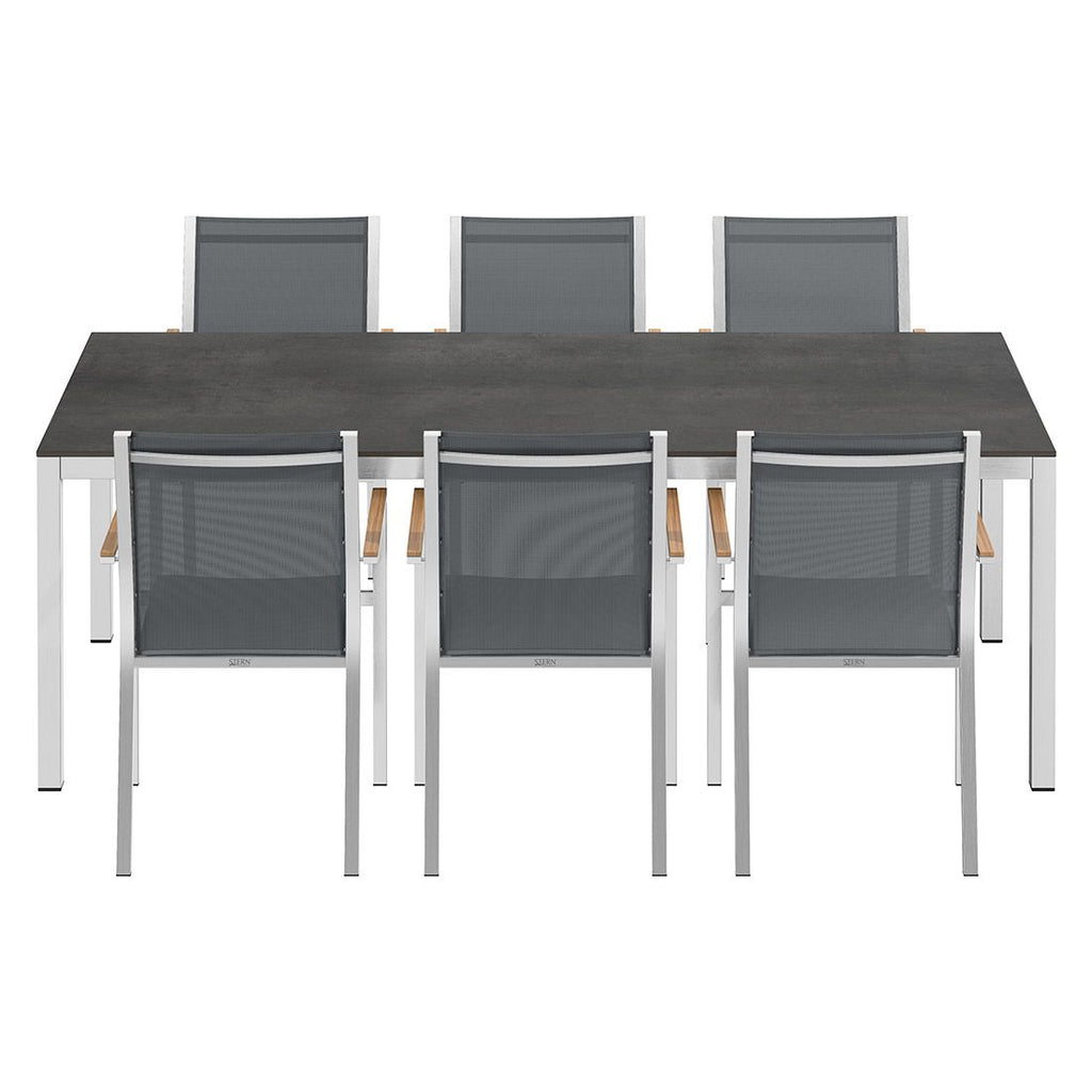Montert Hagemøbelsett Cardiff 6 plasser rustfritt stål HPL 220x100 cm på terrasse