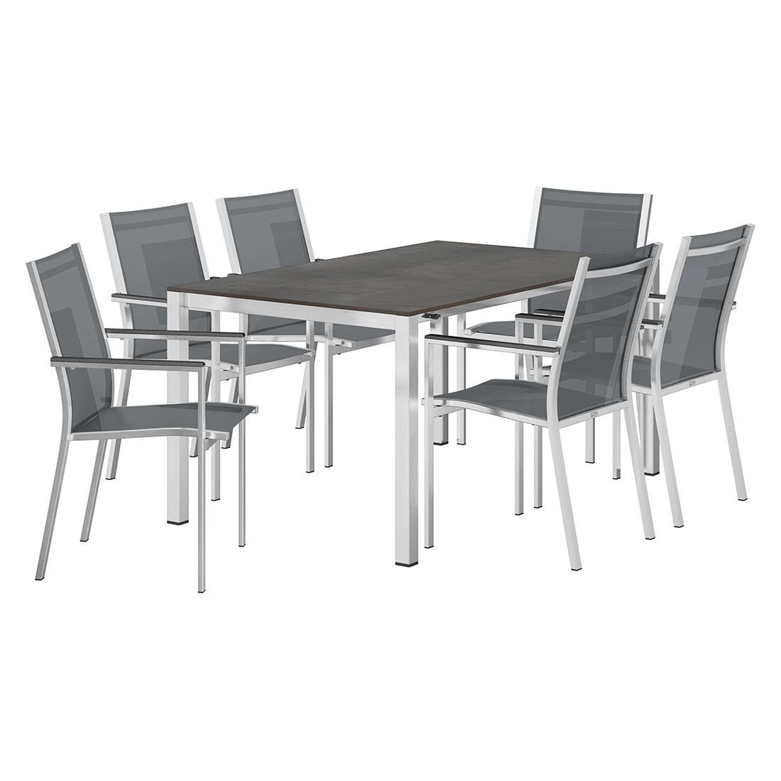 Hagemøbelsett Cardiff 6 plasser, rustfritt stål/HPL bakside av bord