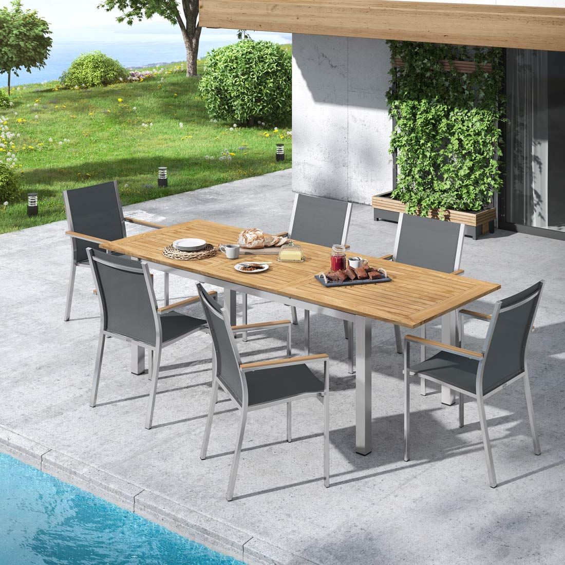 Hagemøbelsett Cardiff 6 plasser rustfritt stål/teak forfra