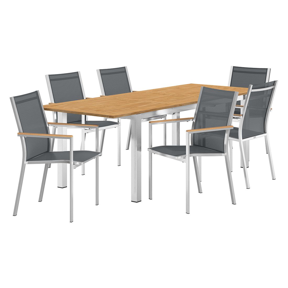 Hagemøbelsett Cardiff 6 plasser rustfritt stål/teak montert på terrasse