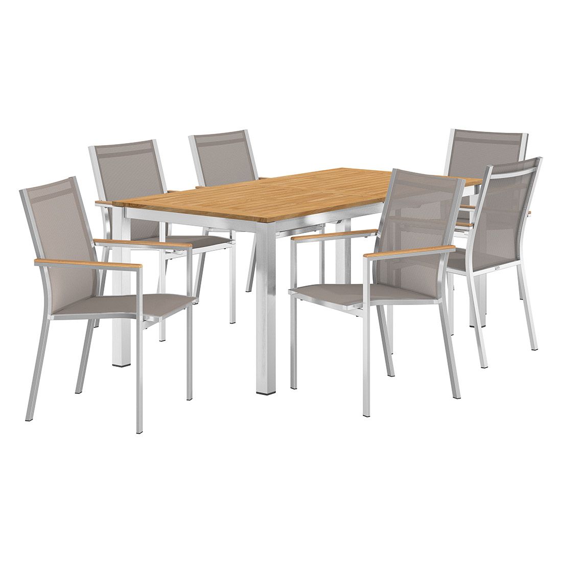 Hagemøbelsett Cardiff 6 plasser rustfritt stål teak taupe bakside