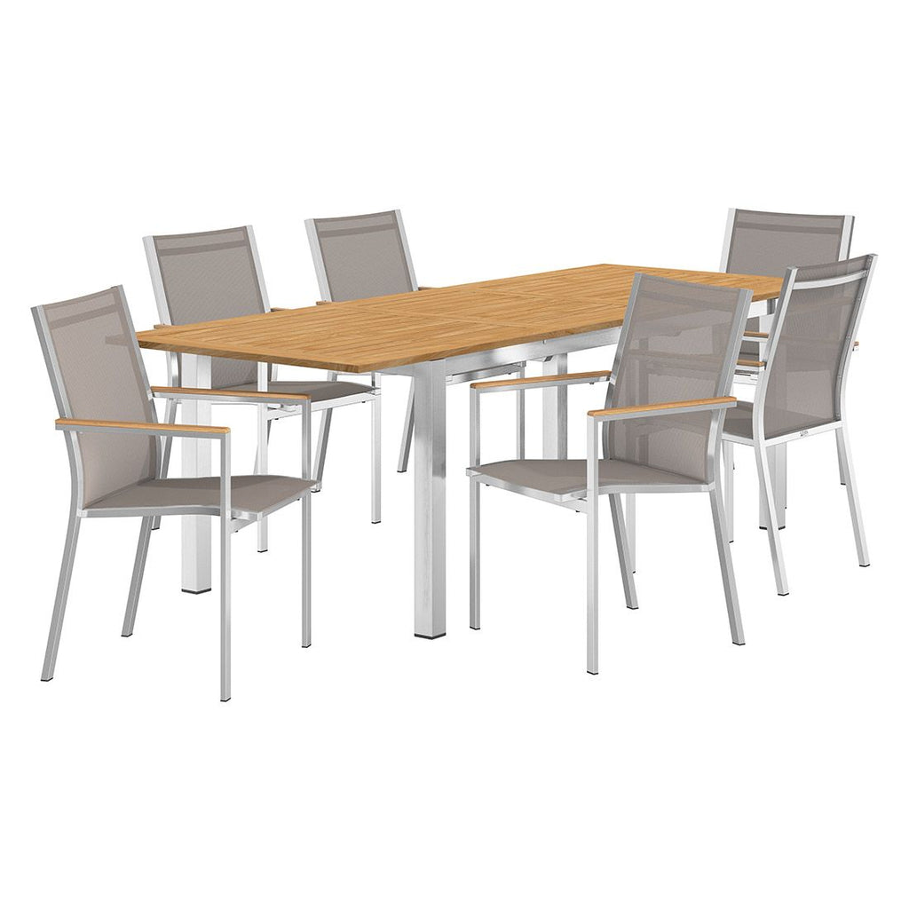 Hagemøbelsett Cardiff 6 plasser rustfritt stål teak taupe montert i hage