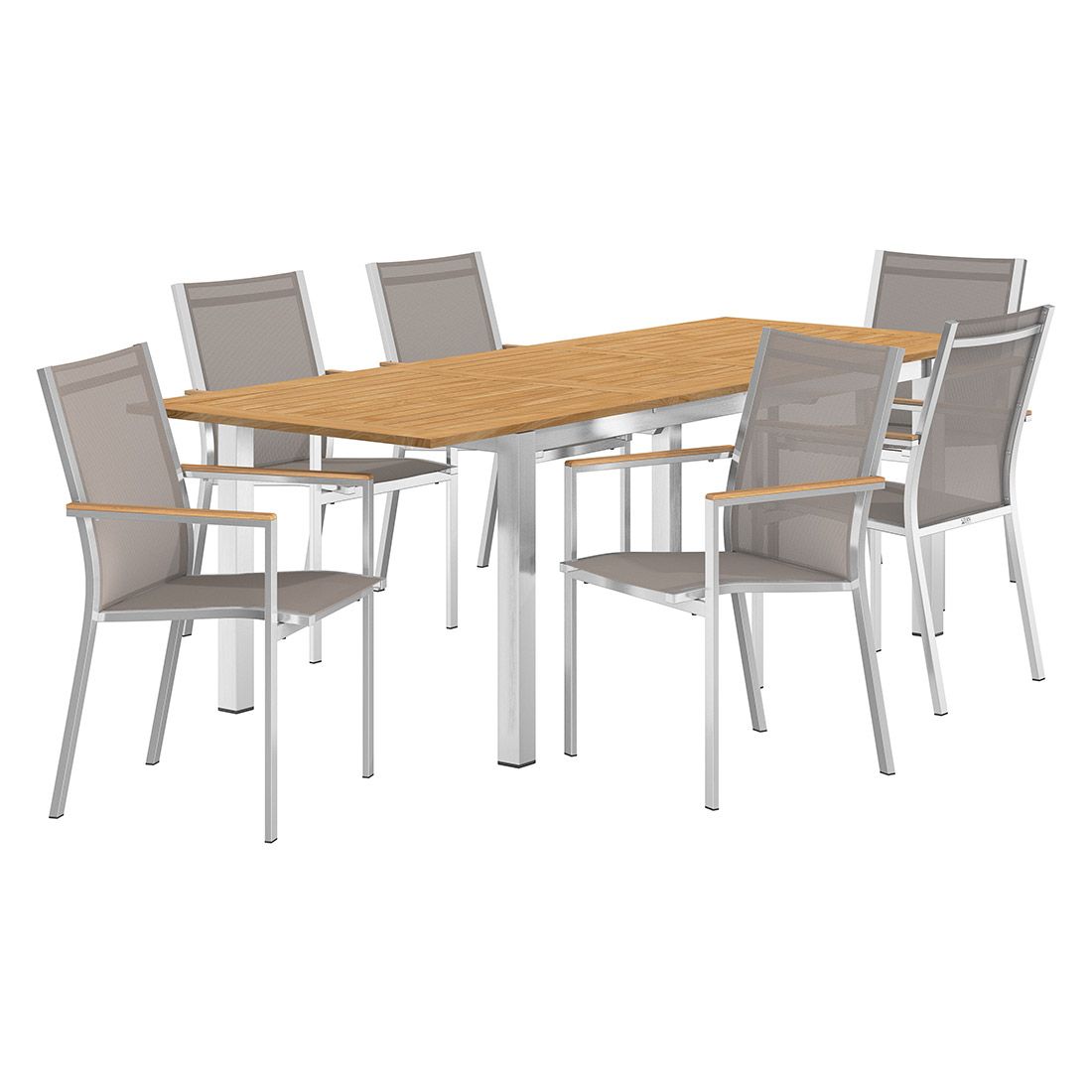 Hagemøbelsett Cardiff 6 plasser rustfritt stål teak taupe montert i hage