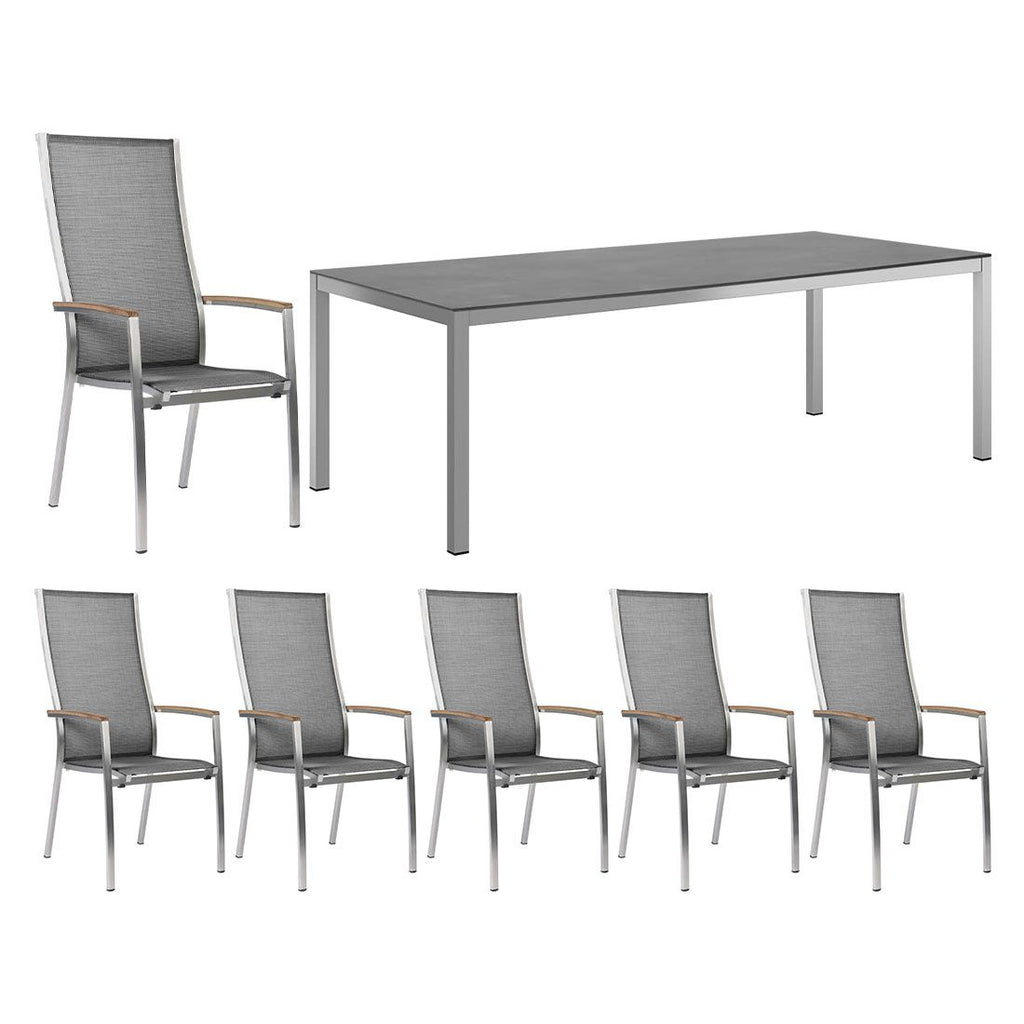 Hagemøbelsett Cardiff 6 plasser textilen HPL-bord 220x100 cm forfra