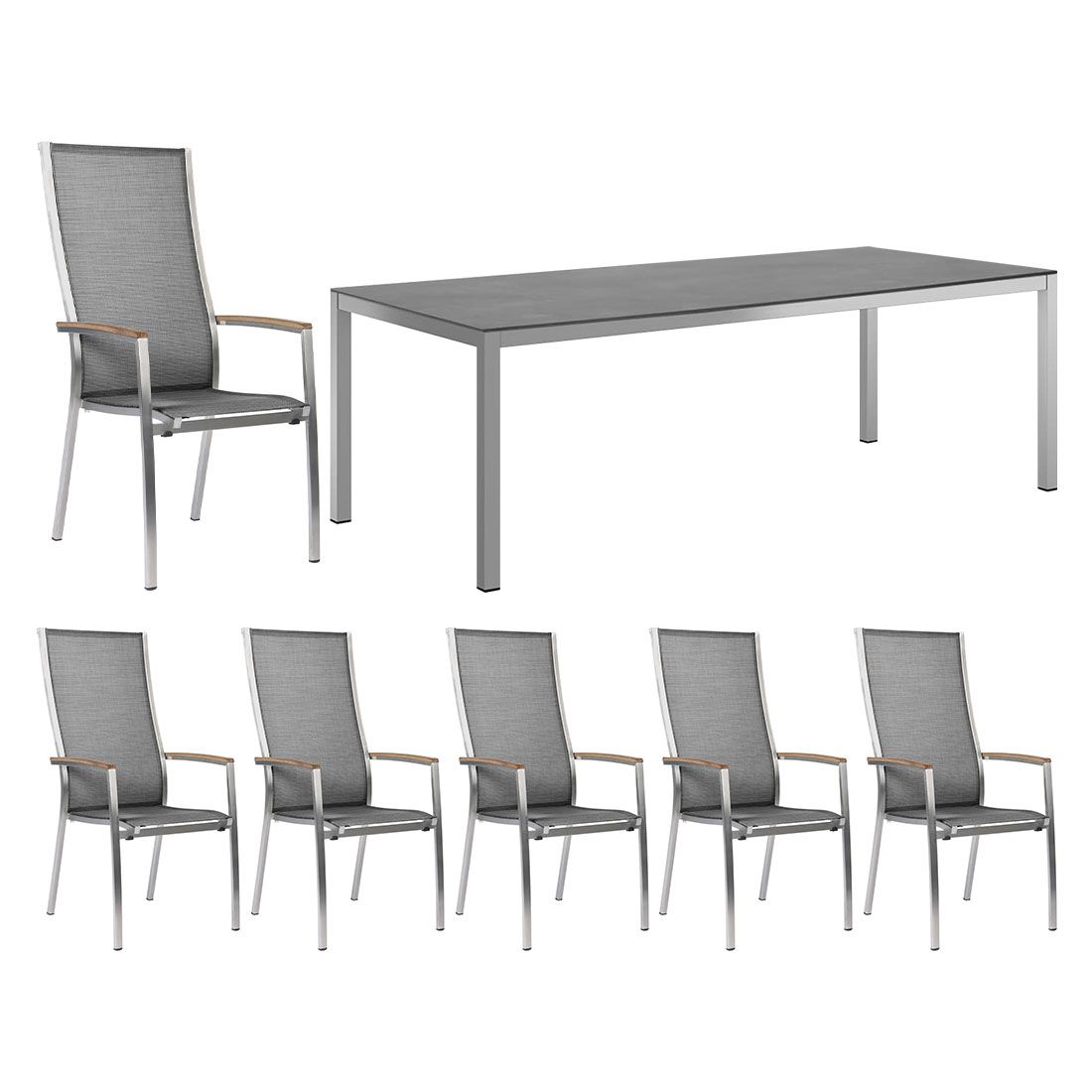 Hagemøbelsett Cardiff 6 plasser textilen HPL-bord 220x100 cm forfra