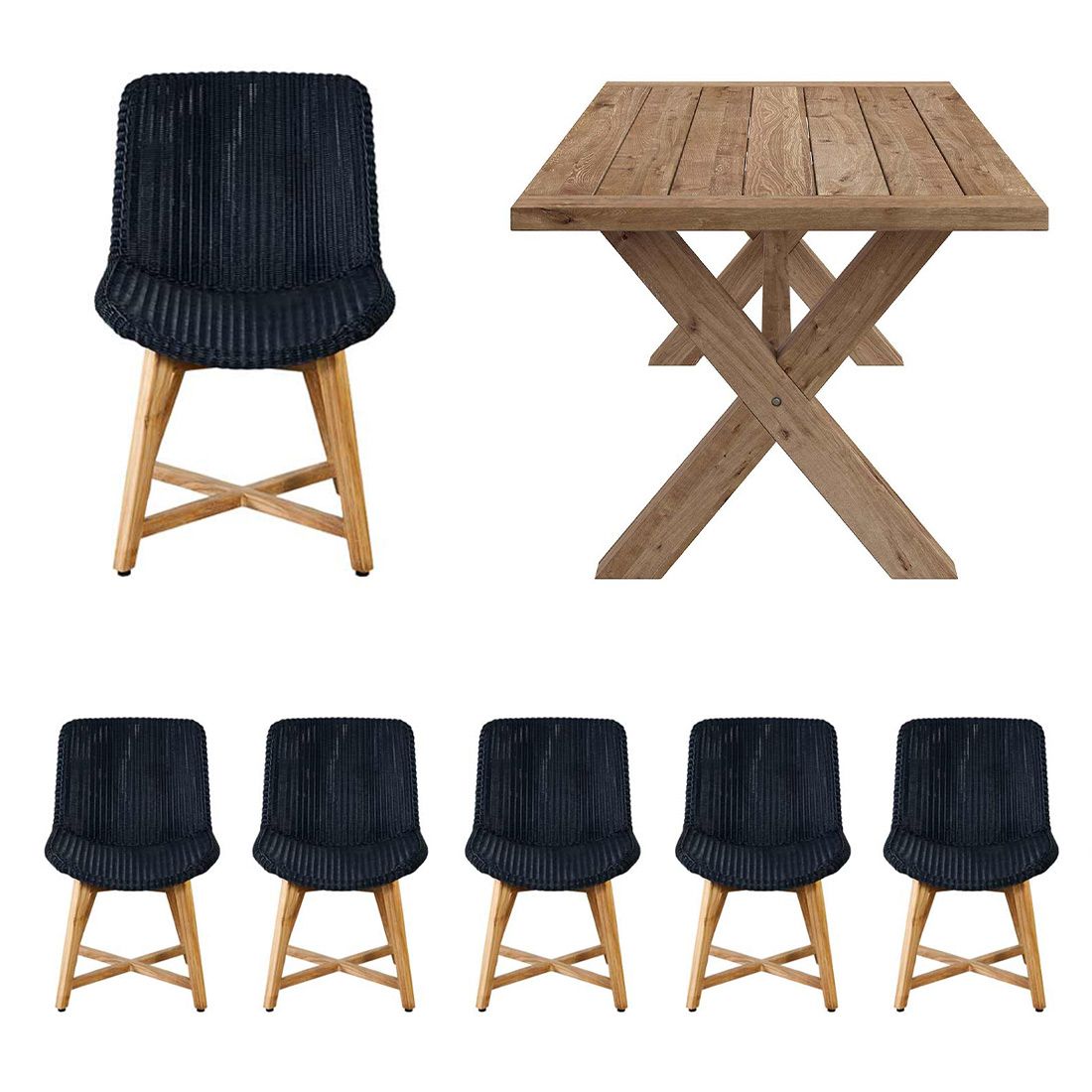 Hagemøbelsett Clovelly 7 deler teak/polyrotting 220x100 cm forfra