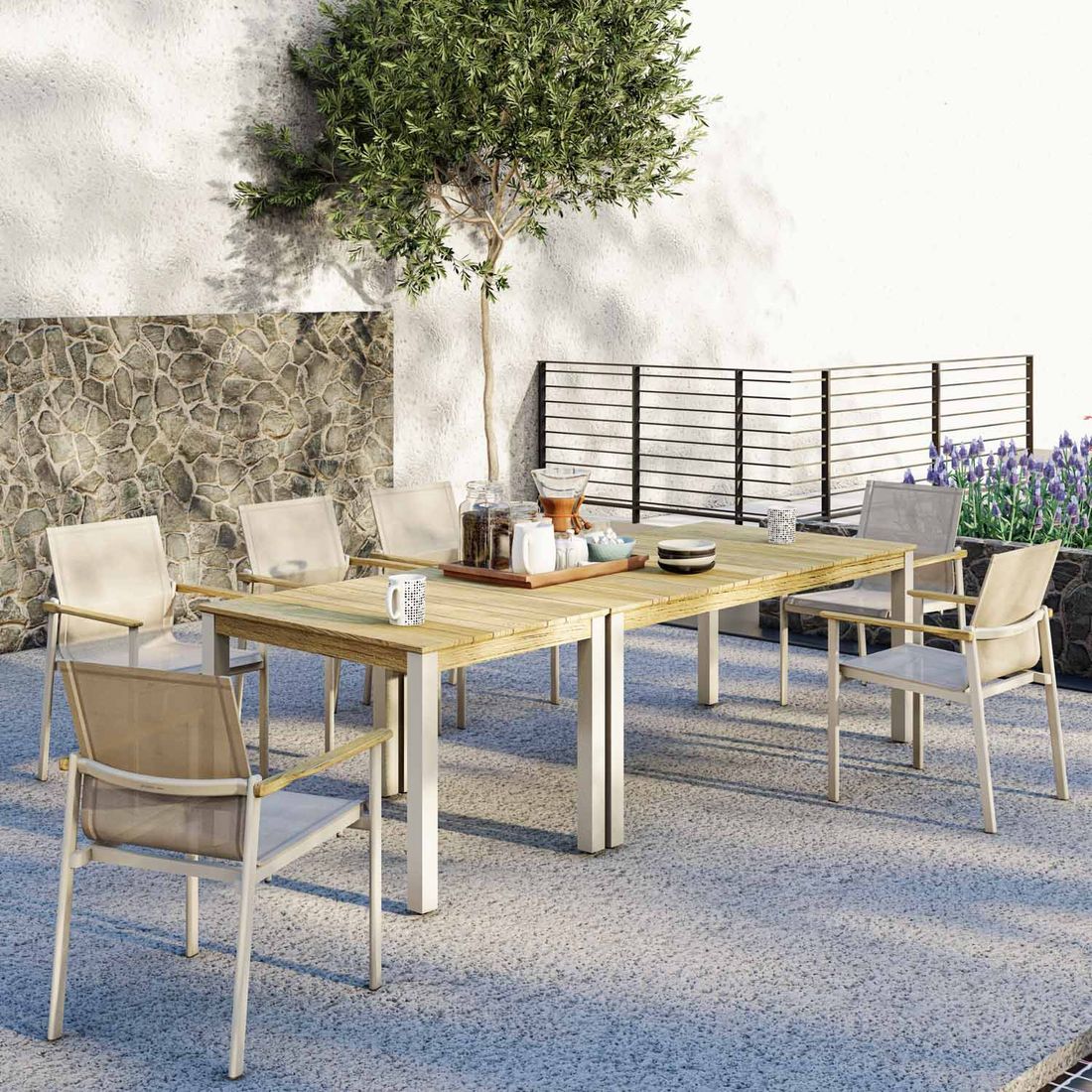 Hagemøbelsett Enox 6 plasser aluminium og teak forfra