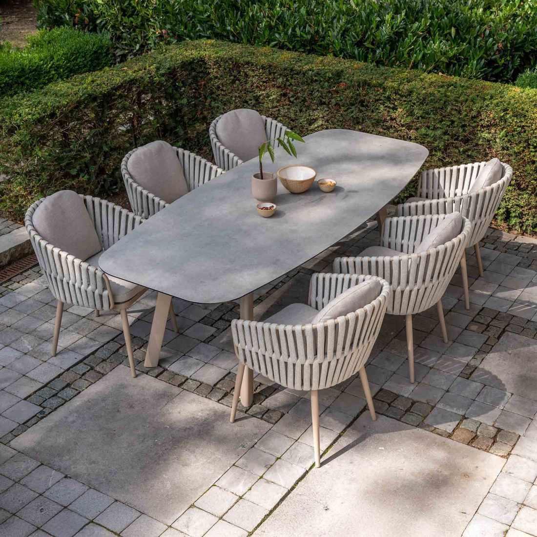 Hagemøbelsett Eva 6 plasser aluminium og tau foran
