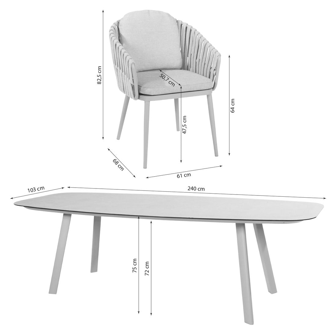 Montert Hagemøbelsett Eva 6 plasser aluminium og tau på terrasse