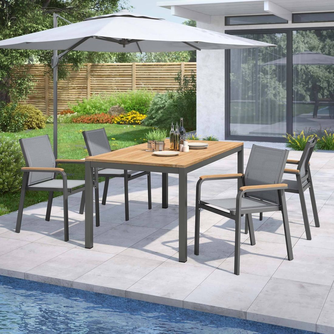 Hagemøbelsett Florenz 4 plasser aluminium/teak 160x90 cm forfra