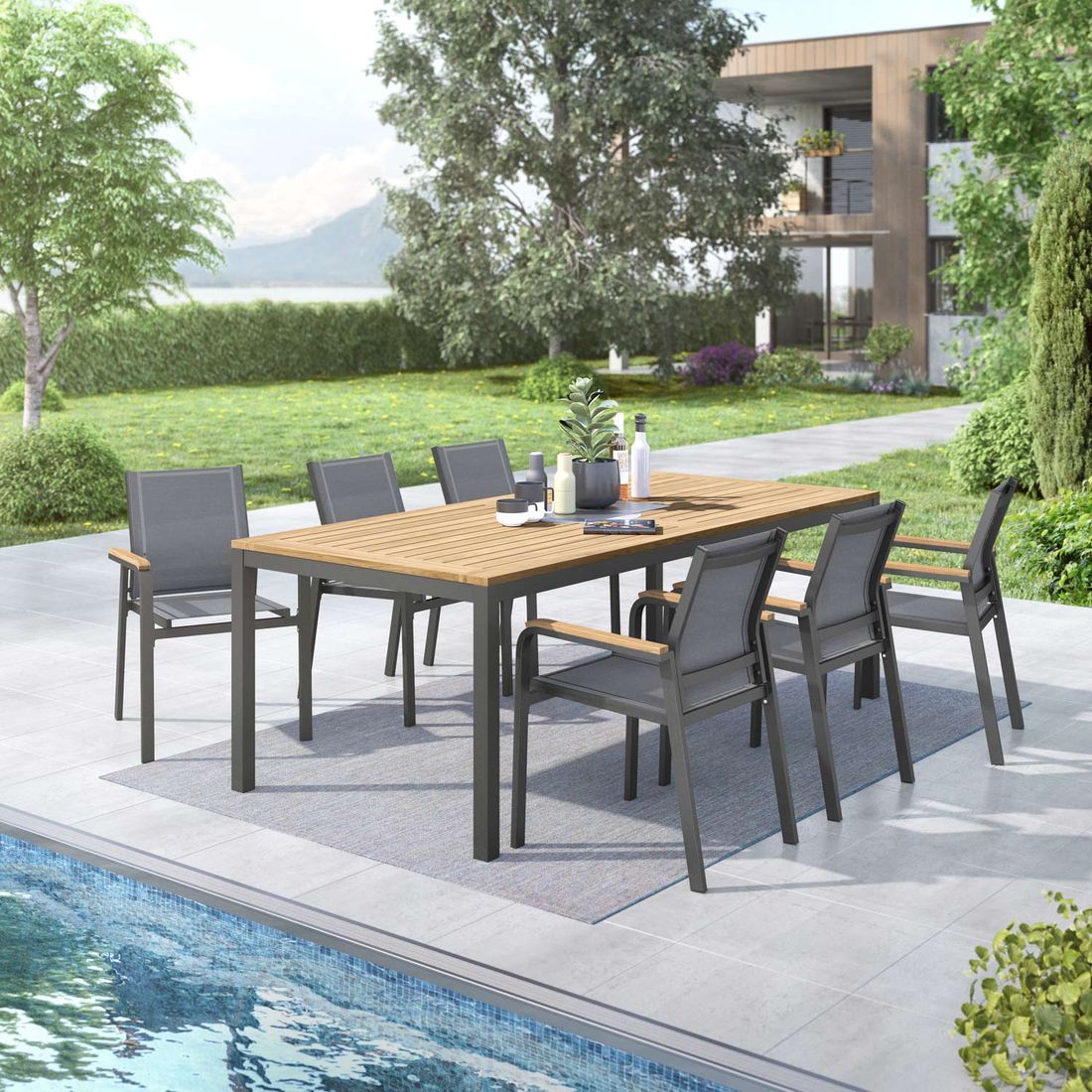 Hagemøbelsett Florenz 6 plasser aluminium og teak forfra