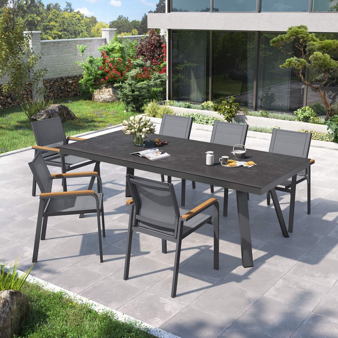 Hagemøbelsett Florenz 6 plasser aluminium keramikk 220x100 cm forfra