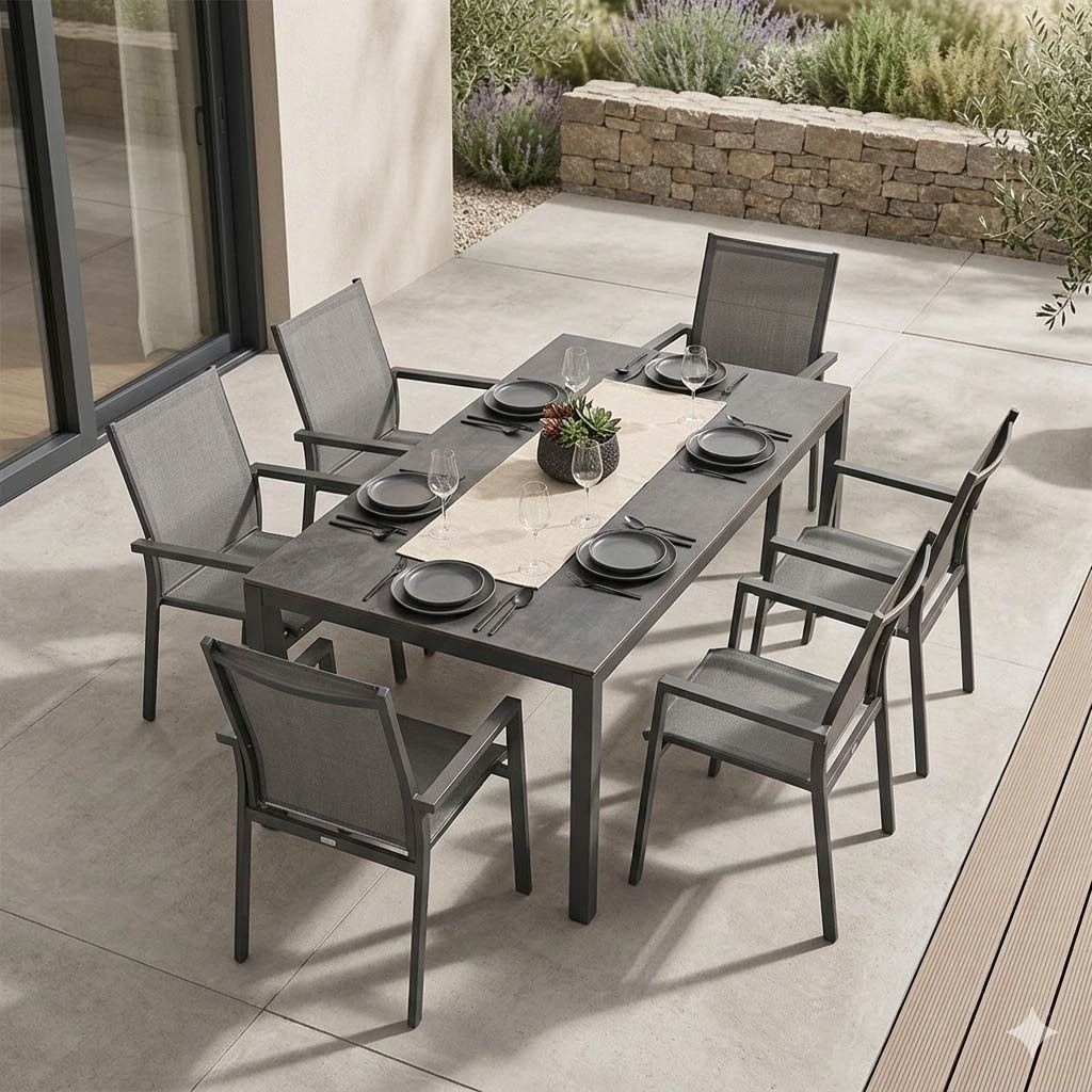 Hagemøbelsett Fly 6 plasser aluminium HPL forfra