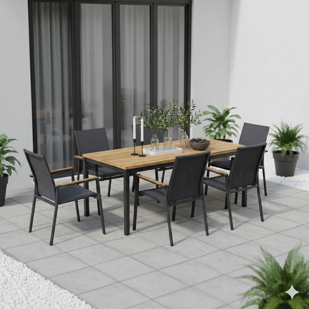 Hagemøbelsett Fly 6 plasser aluminium teak forfra