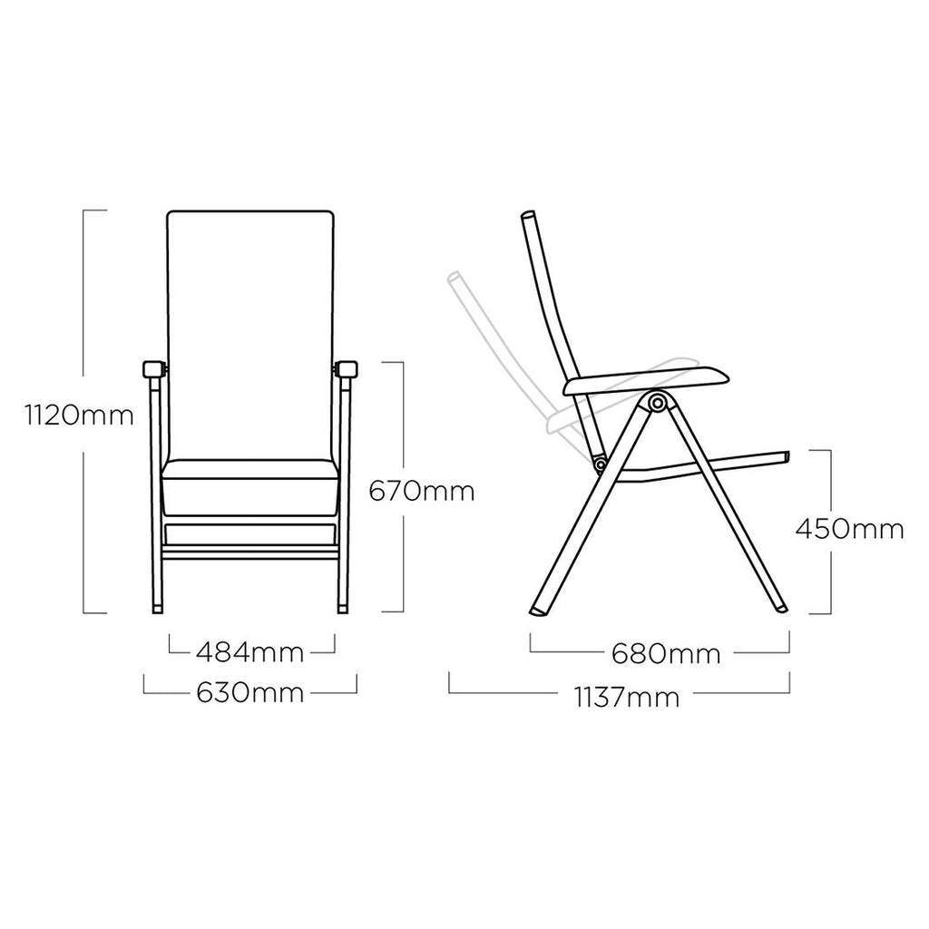 Justerbar ryggstøtte på stol i Hagemøbelsett Forma II 4 plasser aluminium HPL 160x90 cm