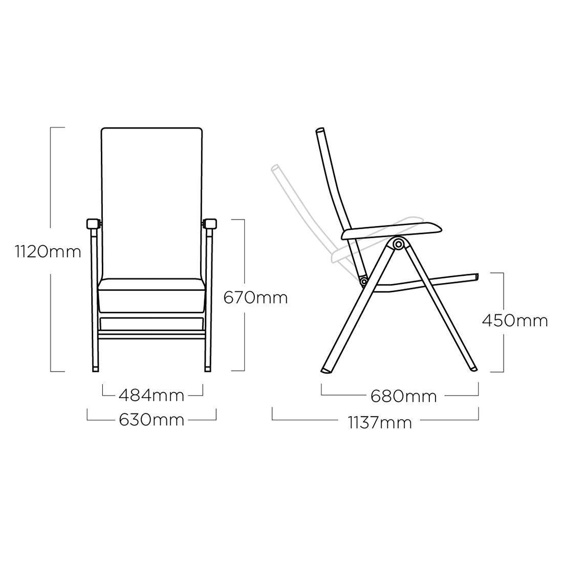 Justerbar ryggstøtte på stol i Hagemøbelsett Forma II 4 plasser aluminium HPL 160x90 cm