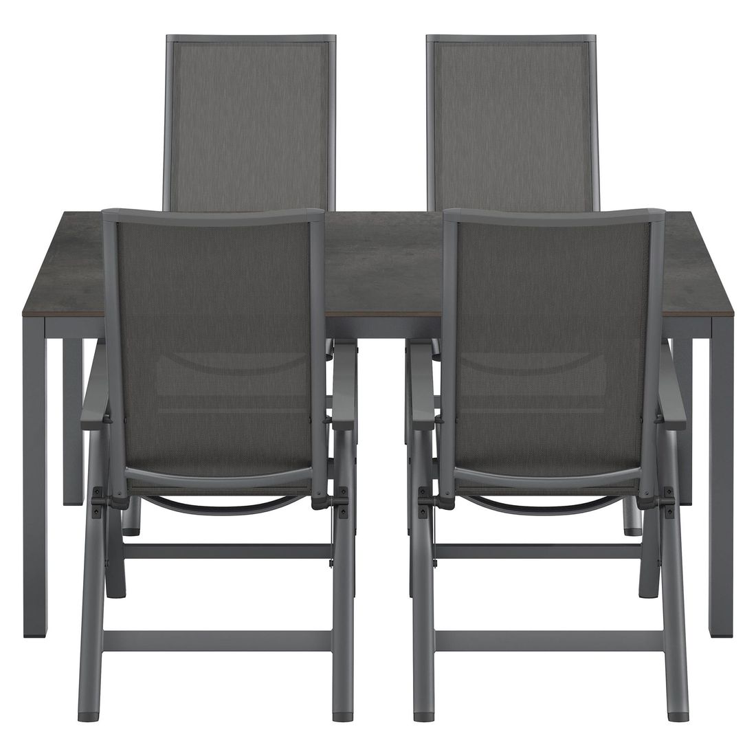Hagemøbelsett Jacob 4 plasser aluminium HPL montert på terrasse