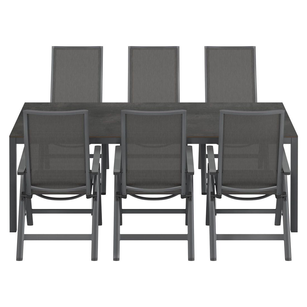 Hagemøbelsett Jacob 6 plasser aluminium HPL montert på terrasse