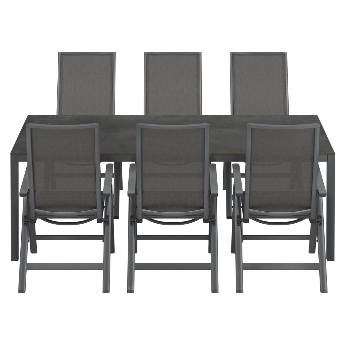 Hagemøbelsett Jacob 6 plasser aluminium HPL montert på terrasse