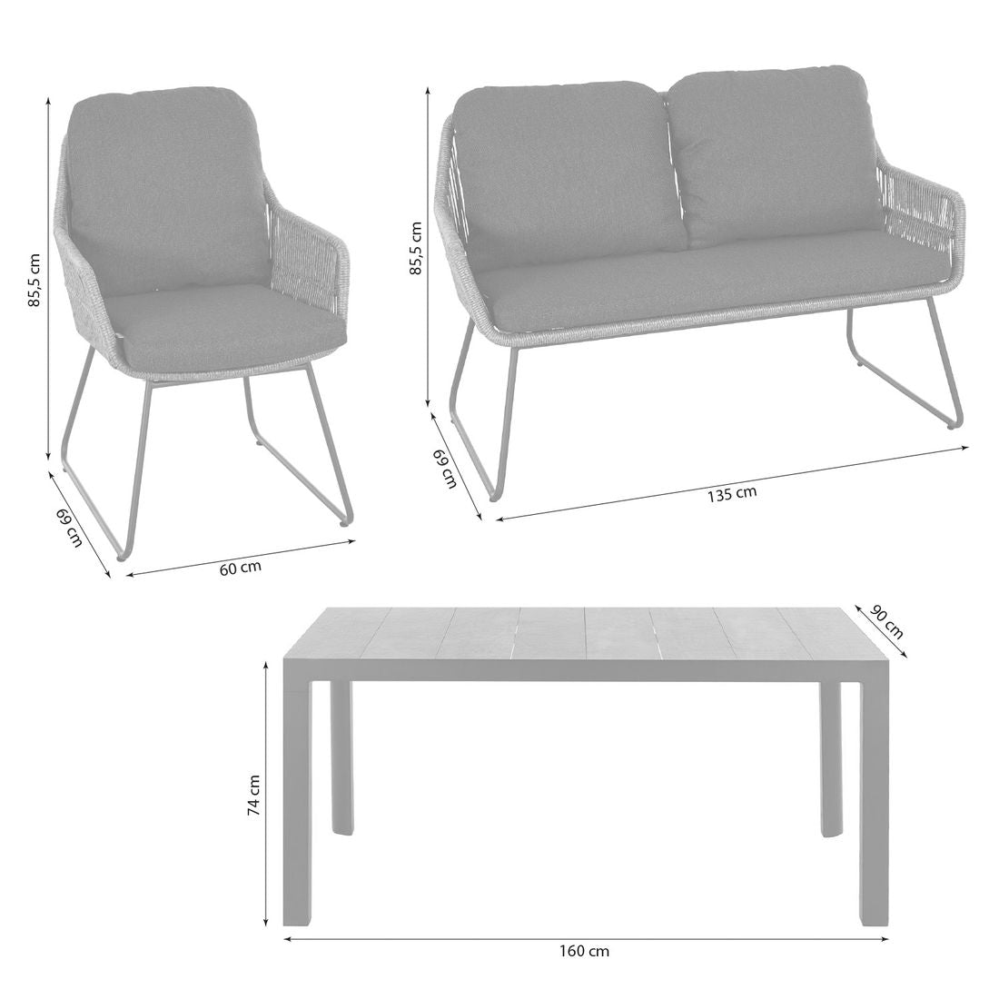 Montert Hagemøbelsett Kansas 4 plasser aluminium keramikk