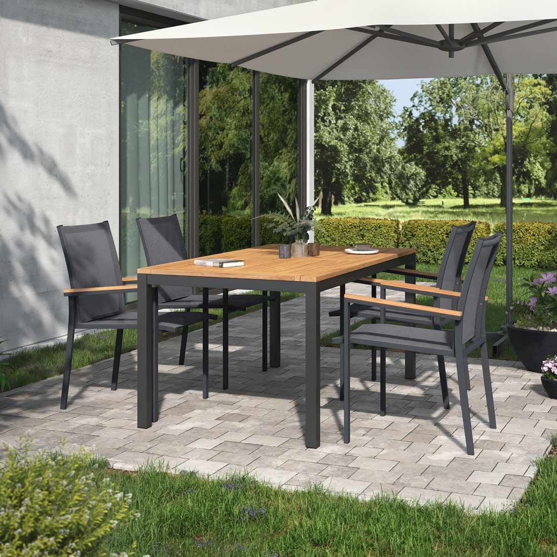 Hagemøbelsett Kobe 4 plasser aluminium/teak forfra