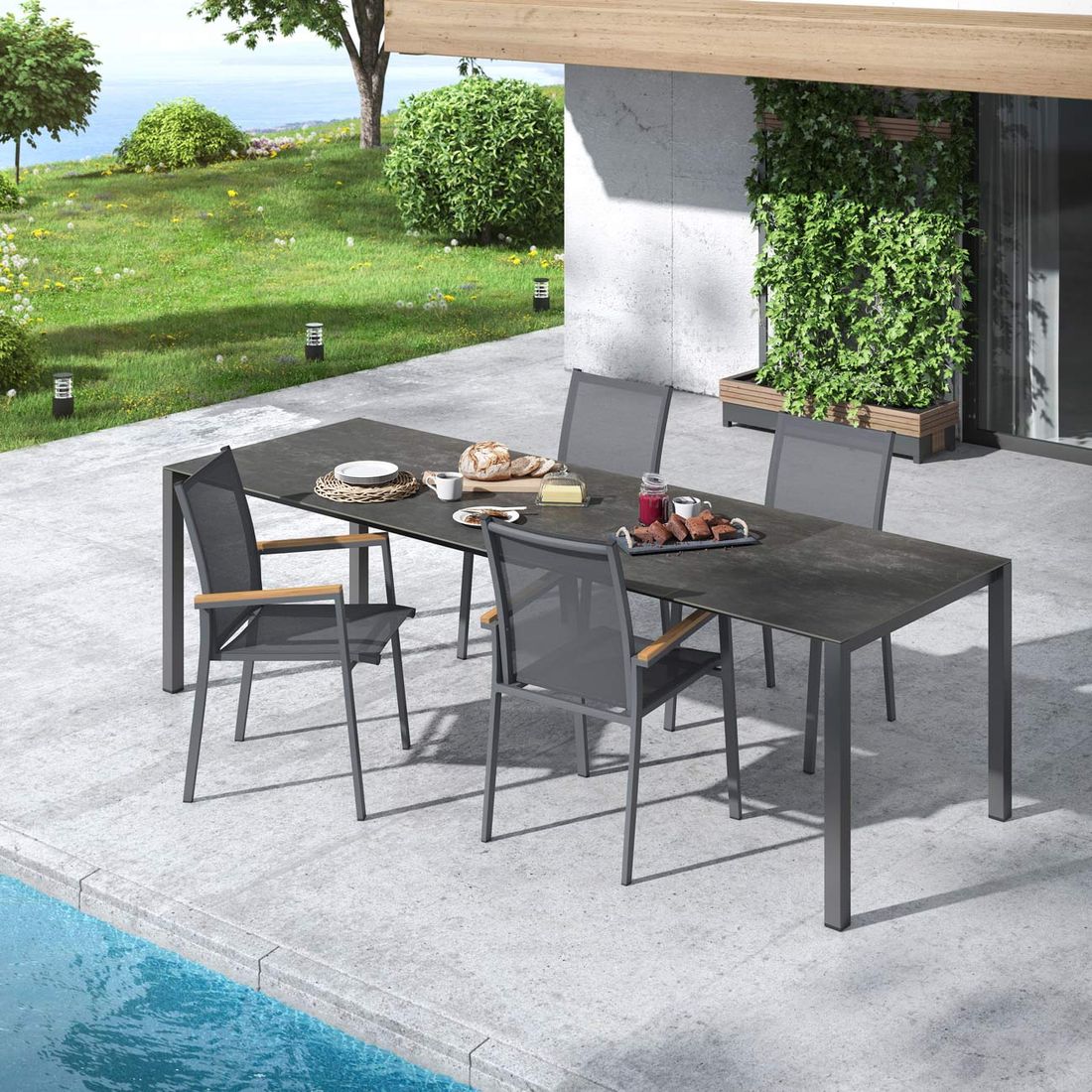 Hagemøbelsett Kobe 4 plasser, uttrekkbart keramikk 160-267x92 cm - OUTLIV bakside