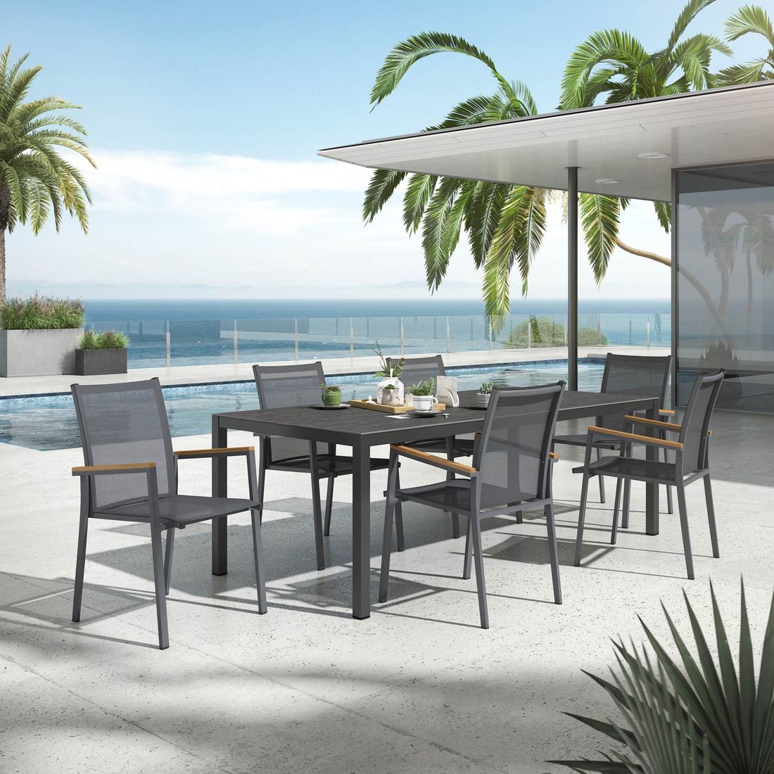 Hagemøbelsett Kobe 6 plasser aluminium keramikk 220x100 cm - OUTLIV forfra