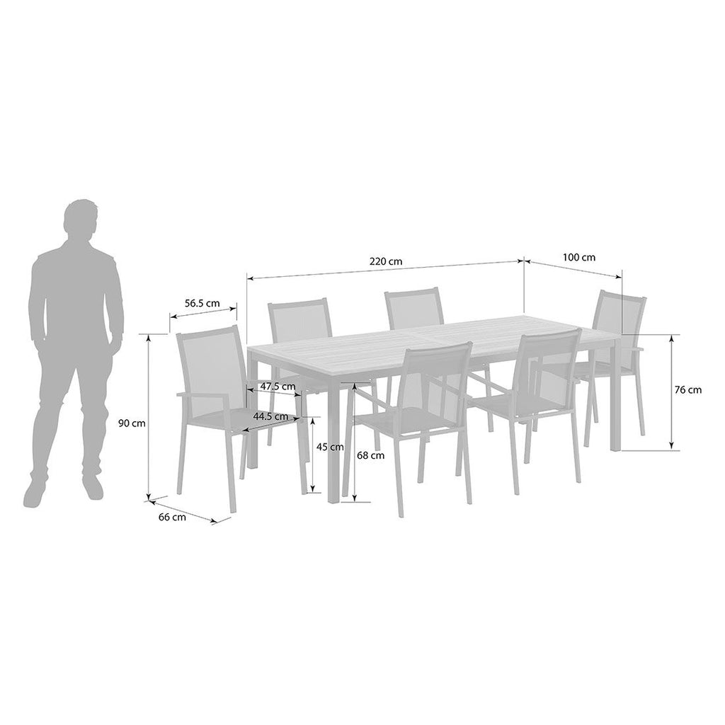 Hagemøbelsett Kobe 6 plasser aluminium teak 220x100 cm - OUTLIV.