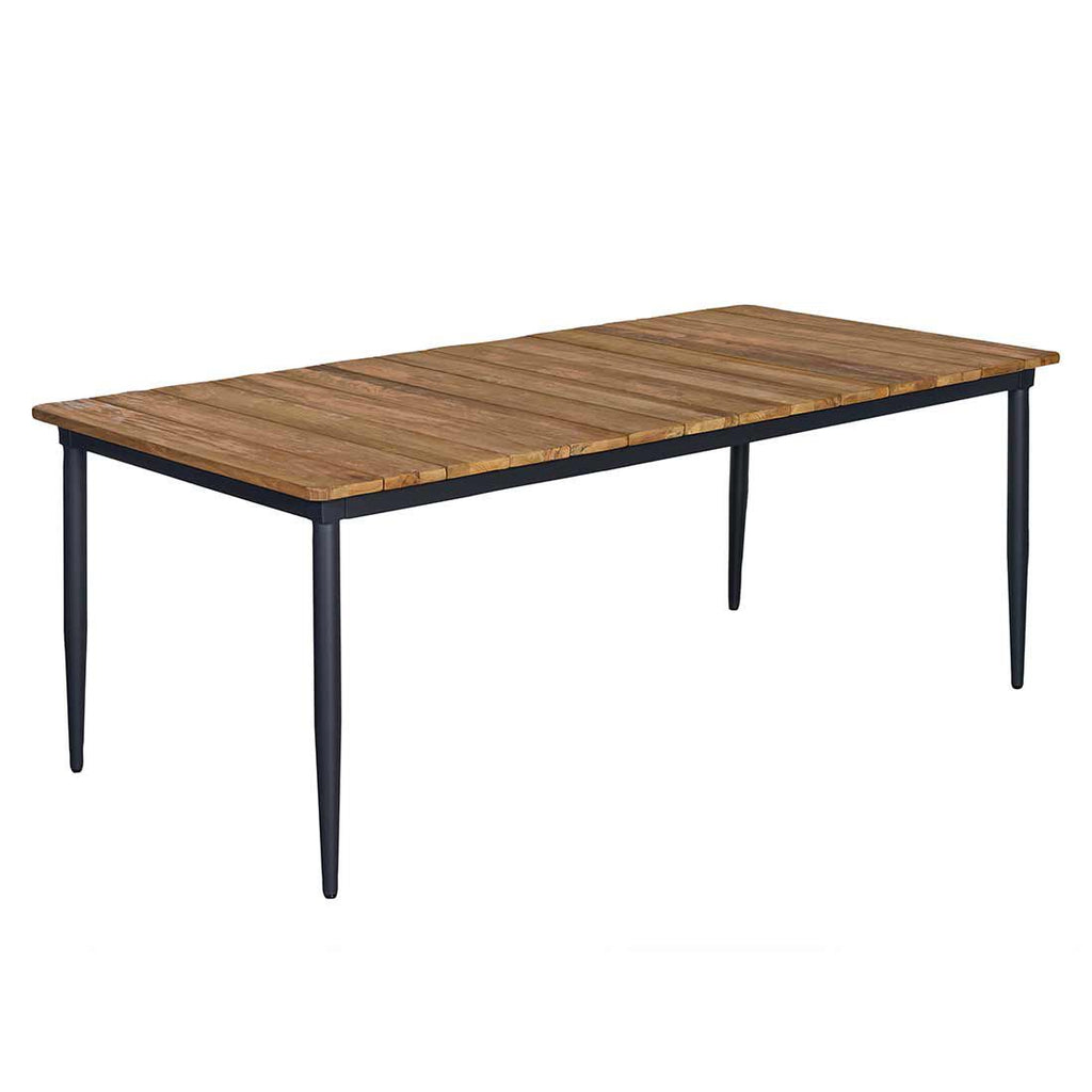 Detalj av teak bordplate på Hagemøbelsett Lea 6 plasser, aluminium/teak