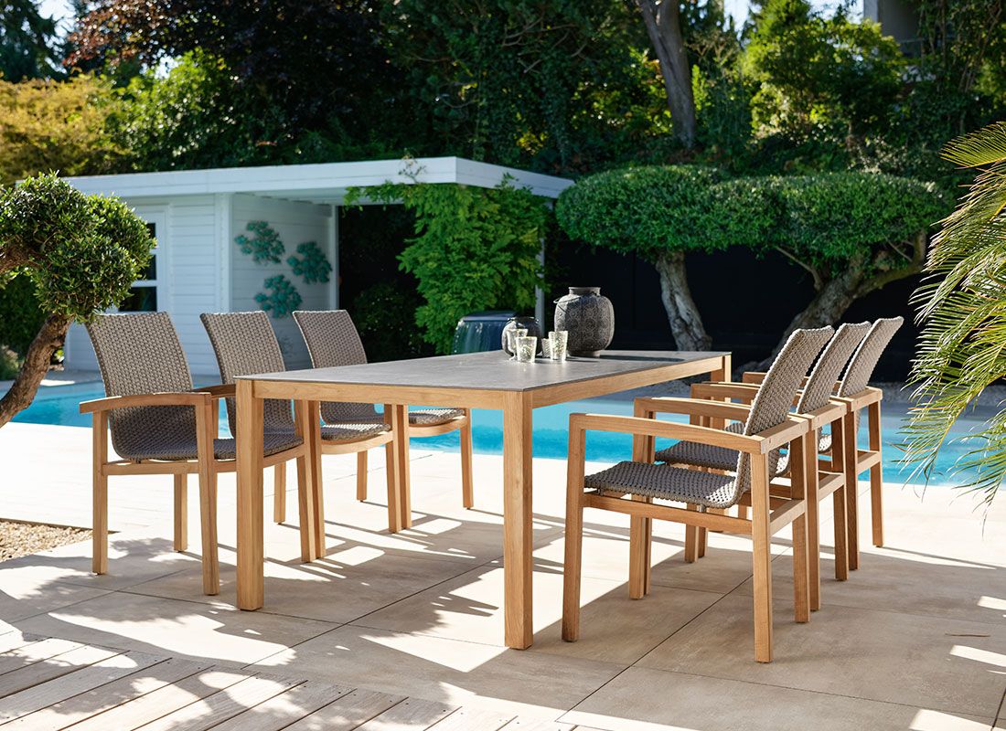 Hagemøbelsett Leah 6 plasser teak/tau 200x100 cm forfra