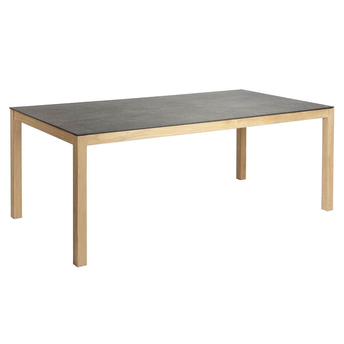 Montert Hagemøbelsett Leah 6 plasser teak/tau 200x100 cm på terrasse