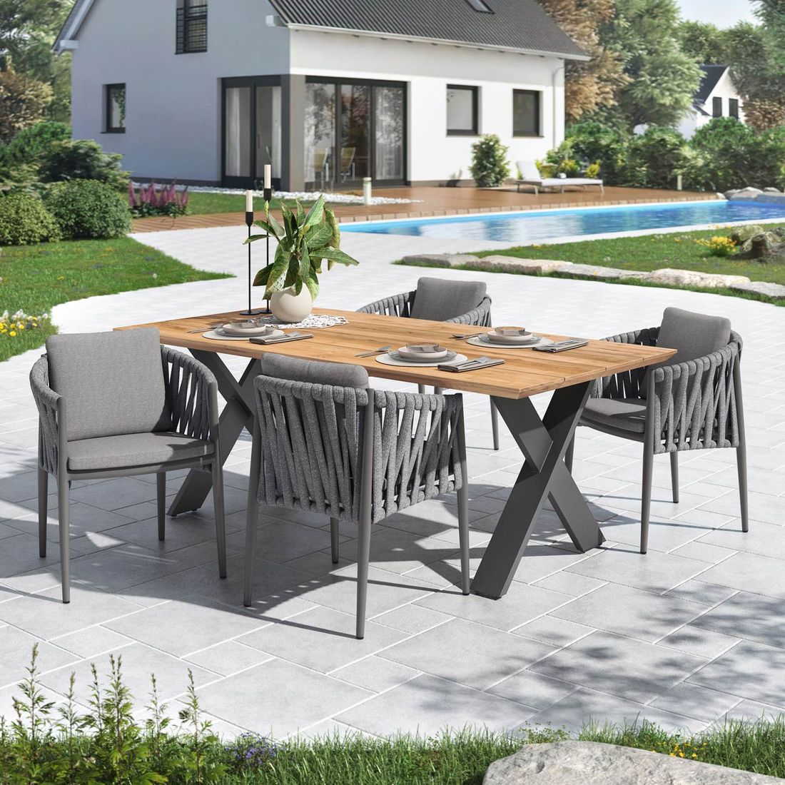 Hagemøbelsett Lena 4 plasser aluminium og teak front