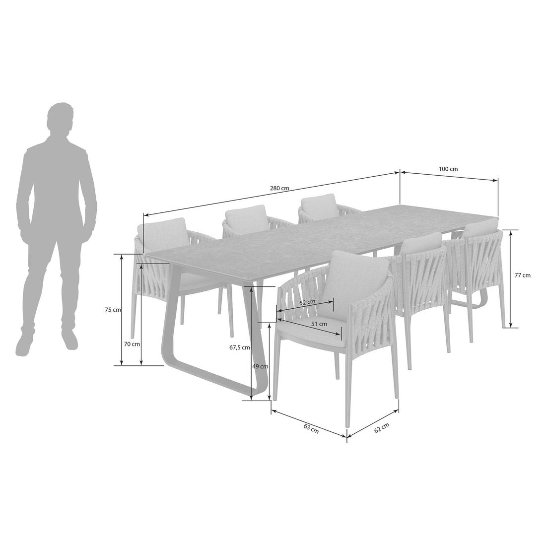 Detalj av tau og aluminium i Hagemøbelsett Lena 6 plasser aluminium og tau