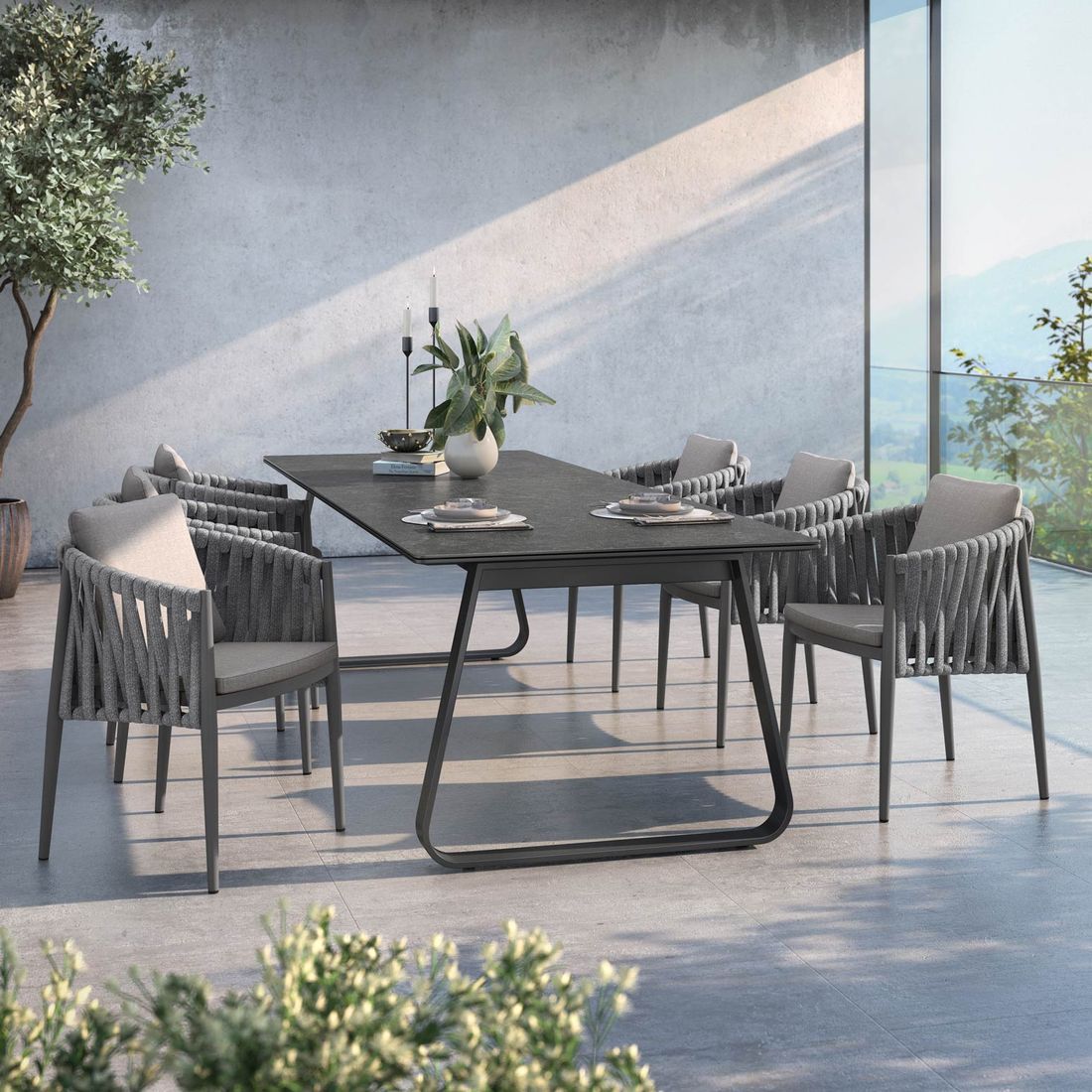 Hagemøbelsett Lena 6 plasser aluminium og tau 280x100 cm forfra