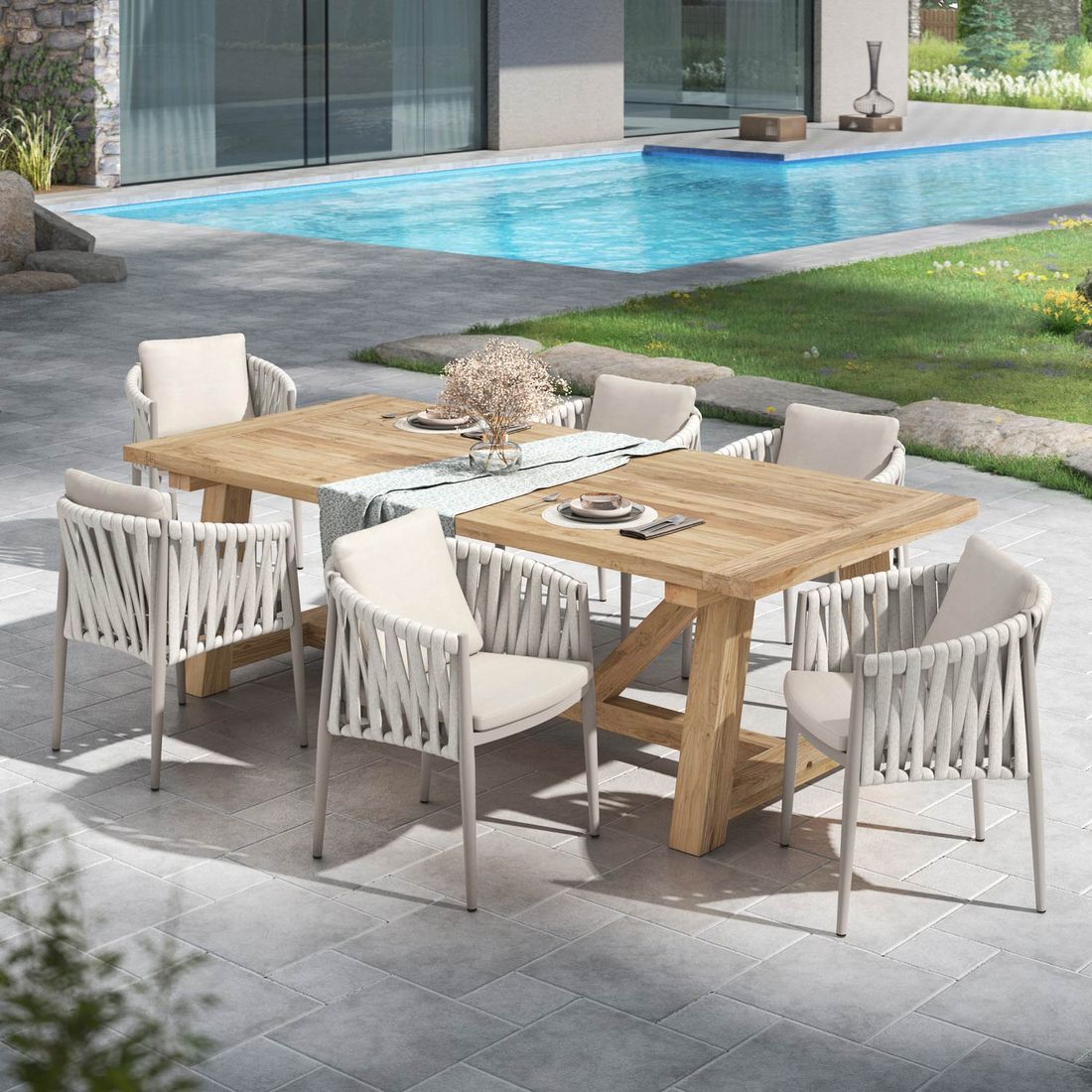 Hagemøbelsett Lena 6 plasser aluminium teak forfra