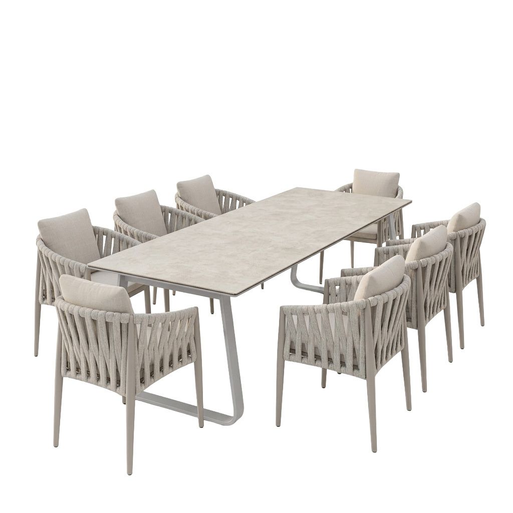 Hagemøbelsett Lena 8 plasser aluminium og tau bakside