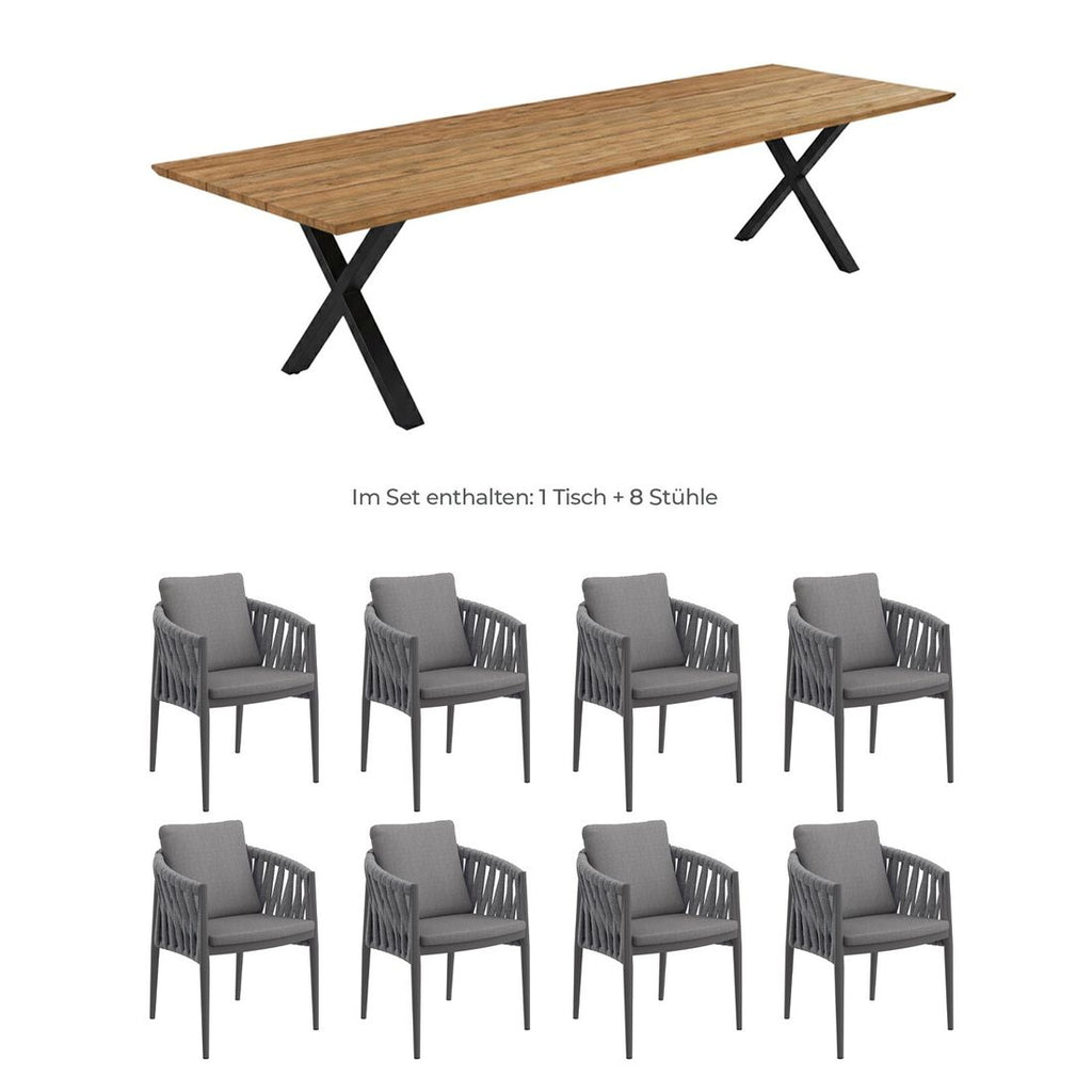 Hagemøbelsett Lena 8 plasser teak/aluminium detalj rope flettverk