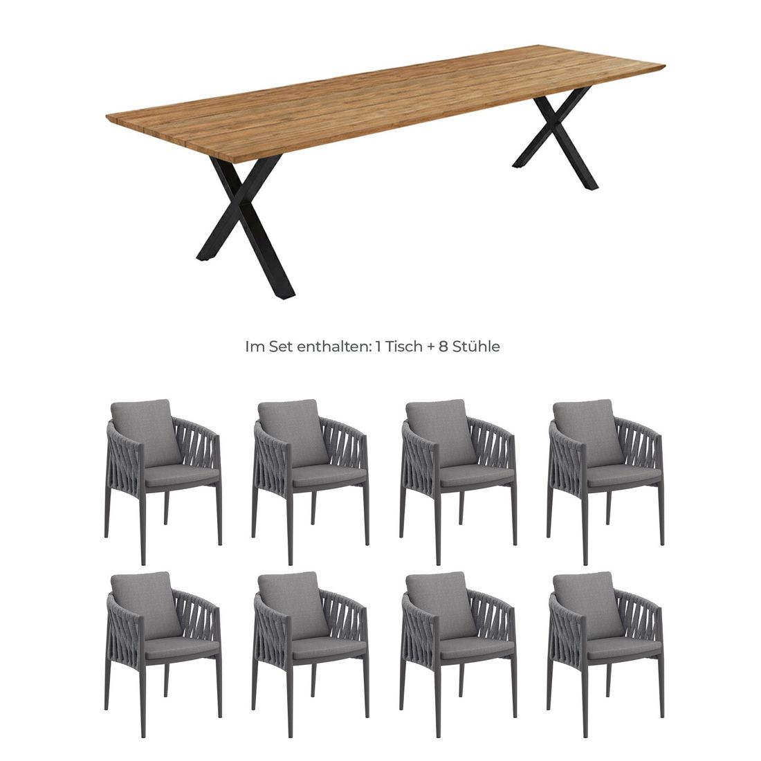 Hagemøbelsett Lena 8 plasser teak/aluminium detalj rope flettverk
