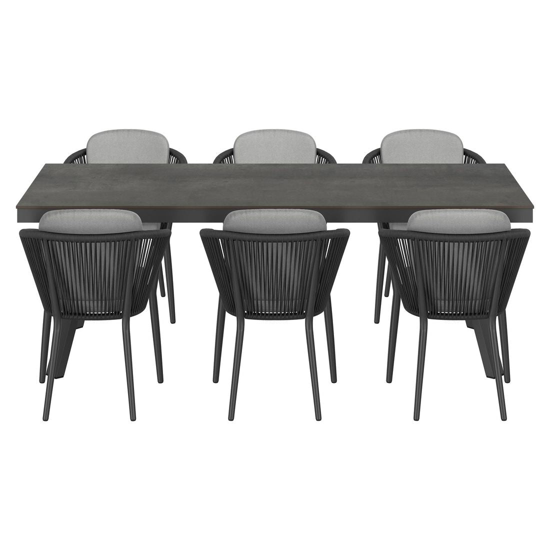 Hagemøbelsett Monet 6 plasser aluminium HPL montert på terrasse